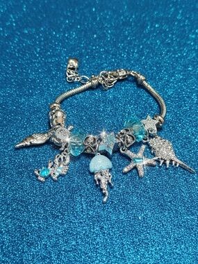 Silver and Aqua Ocean Charm Bracelet - Women Jewelry